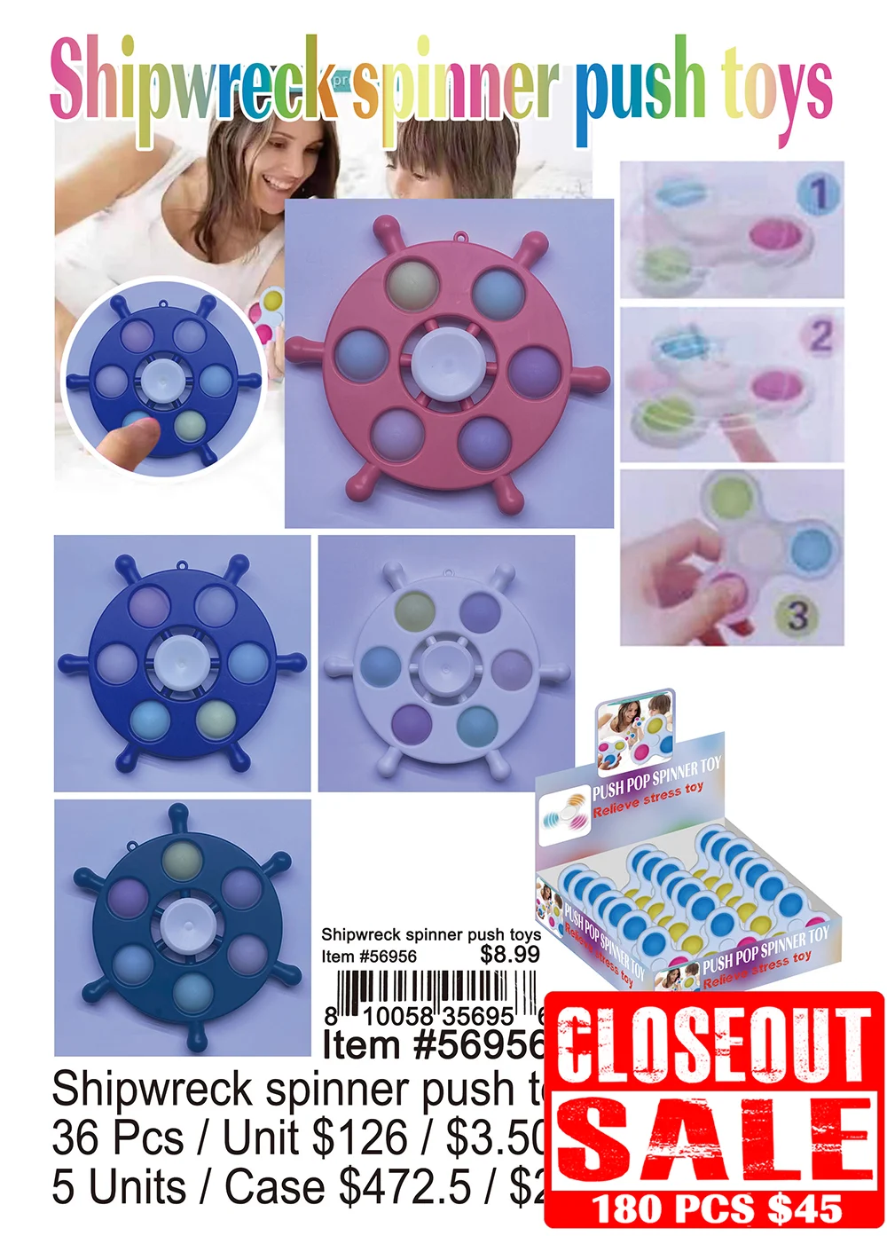 Shipwreck Spinner Push Toys - Closeout 180 Pcs.